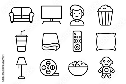Animated Movie Night Icons. Outline icon set of animated movie night: couch, TV screen, cartoon character icon