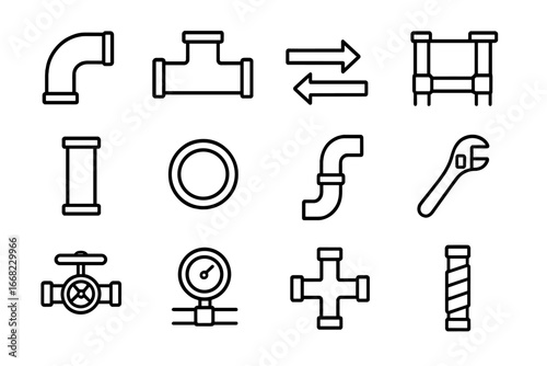 3D Pipe Icon Set. Outline icon set of 3D pipe layout: elbow joint, T-junction, flow arrows, pipeline grid,