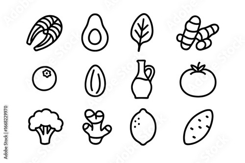 Anti-Inflammatory Diet Icons. Outline icon set of anti-inflammatory diet: salmon fillet, avocado, spinach leaf
