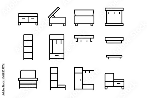 Hallway Furniture Icons. Outline icon set of multipurpose hallway furniture: bench with drawers, lift-top seat