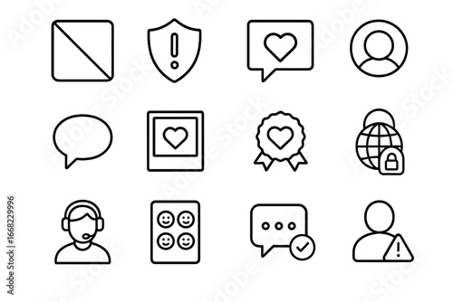 Anti-Cyberbullying Icon Set. Outline icon set of anti-cyberbullying efforts: block icon, report abuse, safe