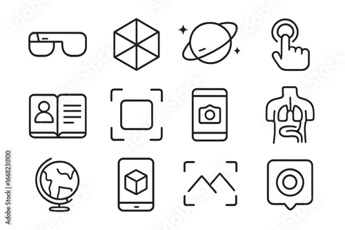 AR Education Icon Set. Outline icon set of AR in education: AR glasses, 3D model, planet icon, virtual button,