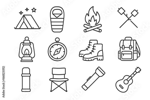 Camping Essentials Icons. Outline icon set of camping under the stars: tent, sleeping bag, campfire,