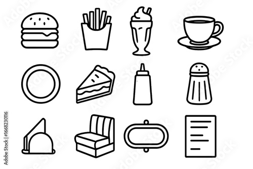 Roadside Diner Icons. Outline icon set of roadside diner experience: burger, fries, milkshake, coffee cup,