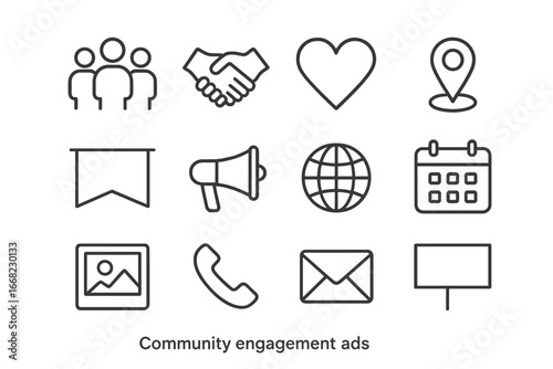 Community Icons Grid. Outline icon set of community engagement ads: group of people, handshake, heart, map pin