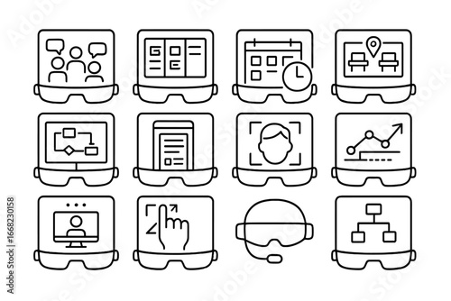 AR Workplace Icon Set. Outline icon set of AR in workplace: meeting overlay, task board, schedule pop-up, desk
