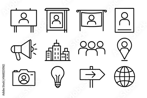 Outdoor Icons Collection. Outline icon set of outdoor diversity ads: billboard, bus stop ad, banner, poster,