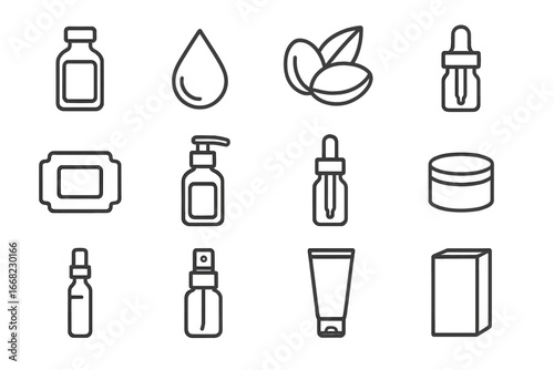 Argan Oil Icon Set. Outline icon set of argan oil packaging: amber bottle, oil droplet, argan nut, leaf, label