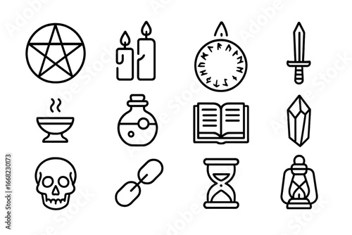 Arcane Ritual Icons. Outline icon set of arcane ritual: pentagram, candles, rune circle, magic dagger, incense