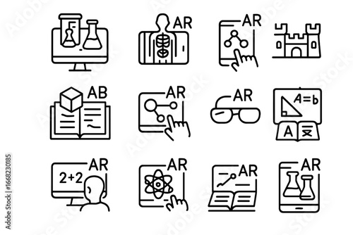 AR Education Icons. Outline icon set of AR in education: virtual lab, anatomy overlay, historical