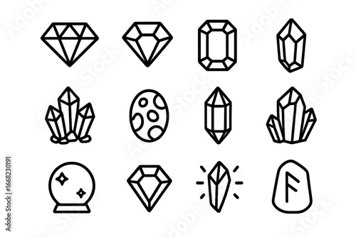 Enchanted Gemstone Icons. Outline icon set of enchanted gemstones: diamond, ruby, emerald, sapphire, amethyst,