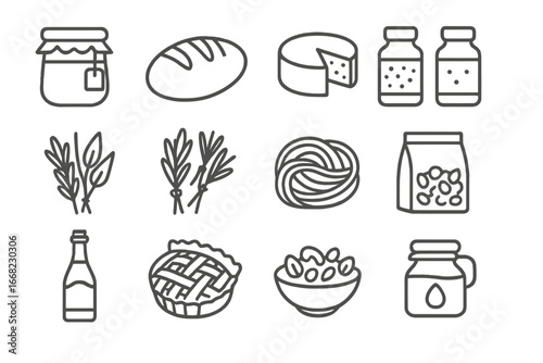Artisan Food Icons. Outline icon set of local artisan foods: homemade jam, artisan bread, goat cheese, spice