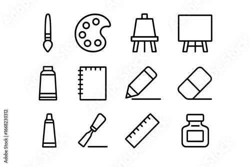 Artist Tools Icons. Outline icon set of artist tools: paintbrush, palette, easel, canvas, paint tube,