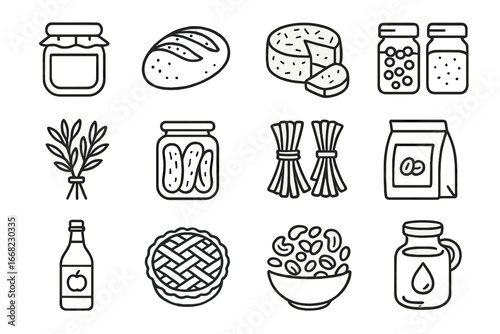 Artisan Food Icons. Outline icon set of local artisan foods: homemade jam, artisan bread, goat cheese, spice