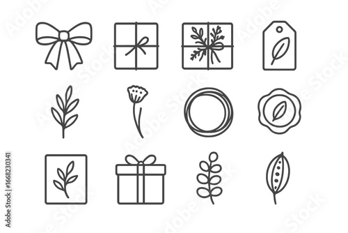 Artisan Gift Icons. Outline icon set of artisan gift packaging: ribbon bow, kraft paper, floral print, tag