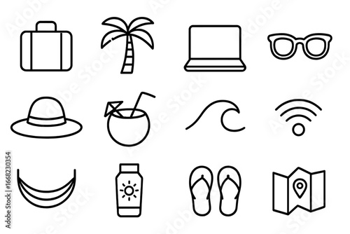 Island Work Getaway Icons. Outline icon set of island work getaway: suitcase, palm tree, laptop, sunglasses,