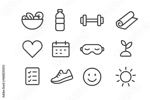 Healthy Lifestyle Icons. Outline icon set of positive lifestyle change: salad bowl, water bottle, dumbbell,
