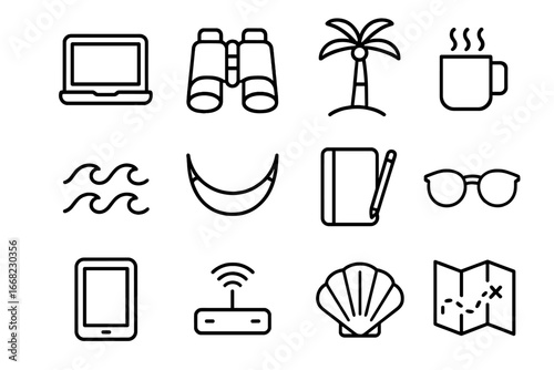 Remote Work Icons. Outline icon set of remote work with a view: laptop, binoculars, palm tree, coffee mug,