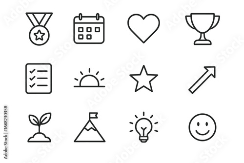 Sobriety Milestone Icons. Outline icon set of sobriety milestones: medal, calendar, heart, trophy, checklist,