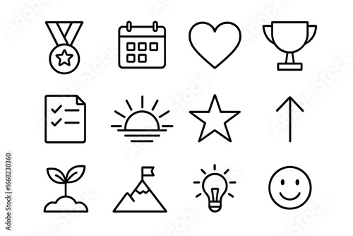 Sobriety Milestone Icons. Outline icon set of sobriety milestones: medal, calendar, heart, trophy, checklist,