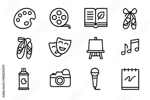 Artistic Expression Icons. Outline icon set of artistic expression: paint palette, film reel, microphone,