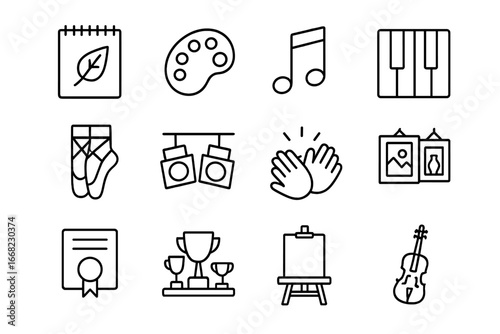 Artistic Achievements Icons. Outline icon set of artistic achievements: drawing pad, paint palette, music note