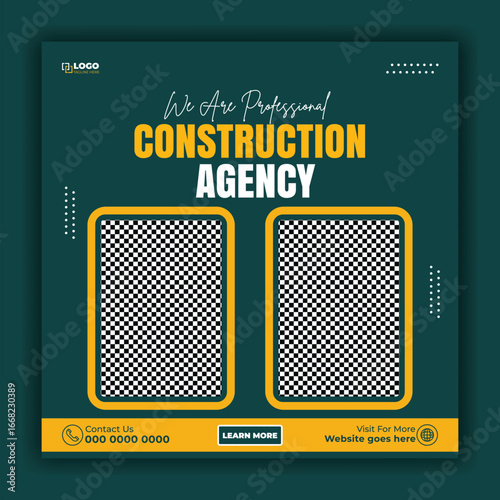 Professional Construction Agency Social Media Post Template with Two Photo Frames