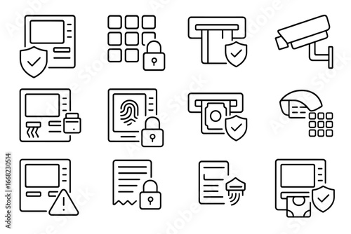 ATM Security Icons. Outline icon set of ATM transaction security: ATM shield, PIN pad lock, card slot security