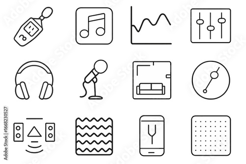 Audio Calibration Icons. Outline icon set of audio calibration tools: decibel meter, test tone icon, frequency