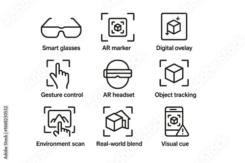 Augmented Reality Icons. Outline icon set of augmented reality tools: smart glasses, AR marker, digital