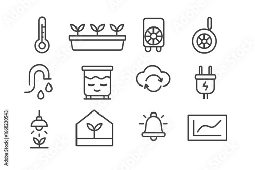 Automated Greenhouse Icons. Outline icon set of automated greenhouse: temperature dial, grow bed, fan unit,