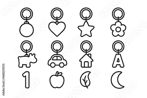 Felt Keychain Icons. Outline icon set of felt keychains and charms: keyring, heart, star, flower, animal, car,