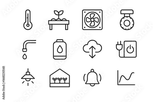 Automated Greenhouse Icons. Outline icon set of automated greenhouse: temperature dial, grow bed, fan unit,