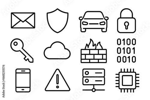 Automotive Phishing Icons. Outline icon set of automotive phishing prevention: email envelope, shield, car,