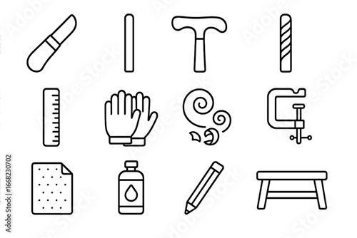 Walking Stick Crafting Icons. Outline icon set of carving walking sticks: carving knife, tall stick, handle