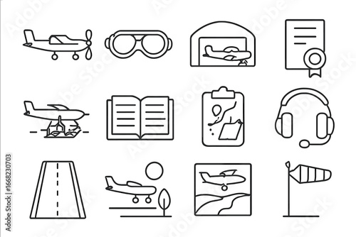 Aviation Icon Set. Outline icon set of private and recreational flying: small plane, flight goggles, hangar,