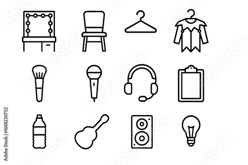 Backstage Essentials Icons. Outline icon set of holiday concert backstage: dressing room mirror, chair, hanger