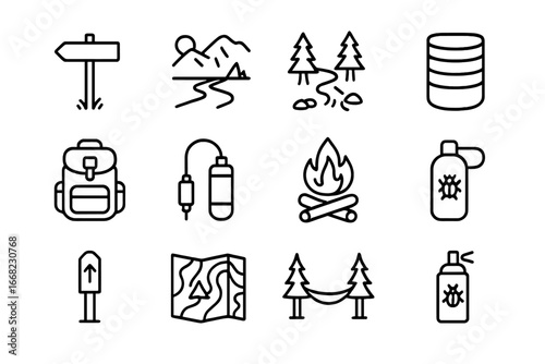 Backcountry Fishing Icons. Outline icon set of backcountry fishing trip: trailhead sign, scenic overlook,