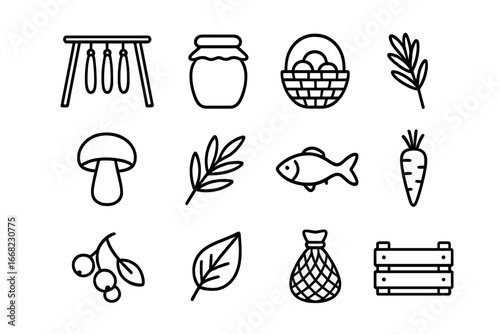 Food Preservation Icons. Outline icon set of food preservation in nature: drying rack, jar, basket, mushroom,