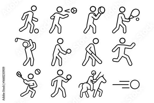 Ball Sports Icons Grid. Outline vector icons of ball sports photography: soccer dribble, basketball pass,