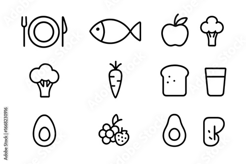 Balanced Nutrition Icons. Outline icon set of balanced nutrition: plate, fork and knife, fish, apple, broccoli
