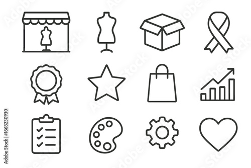 Visual Merchandising Icons. Outline icon set of visual merchandising: store window, mannequin, product box,
