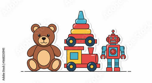A delightful collection of classic and modern children's toys, featuring a cuddly teddy bear, a colorful stackable wooden train, and a friendly retro robot, perfect for imaginative play