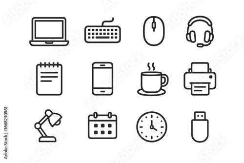 Home Office Essentials. Outline icon set of home office productivity tools: laptop, keyboard, mouse, headset,