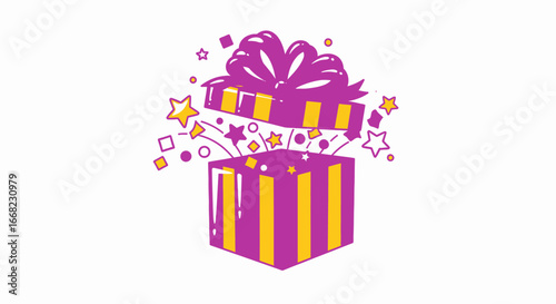 Vibrant, open gift box exploding with shimmering stars and colorful confetti, symbolizing joyful celebration, festive surprise, and happy moments of special occasions