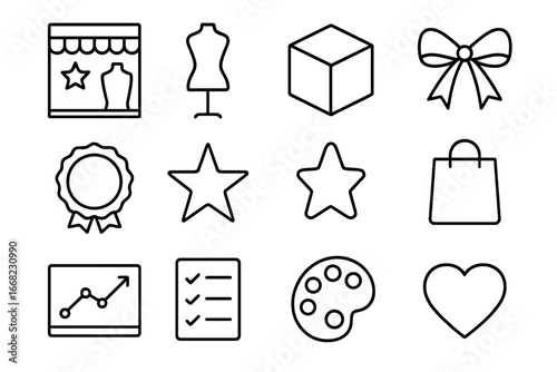 Visual Merchandising Icons. Outline icon set of visual merchandising: store window, mannequin, product box,
