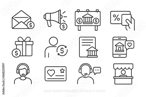 Bank Marketing Icon Set. Outline icon set of bank marketing and outreach: campaign mail, promotion icon,