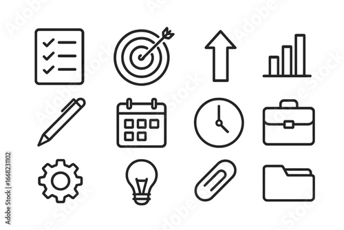 Task Management Icons. Outline icon set of task prioritization: checklist, target, arrow, chart, pen, calendar