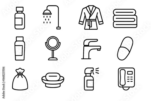 Bathroom Amenities Icons. Outline icon set of hotel bathroom amenities: mini shampoo, wall-mounted shower,