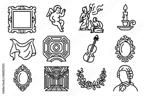 Baroque and Rococo Icons. Outline icon set of baroque and rococo art: golden frame, cherub figure, dramatic
